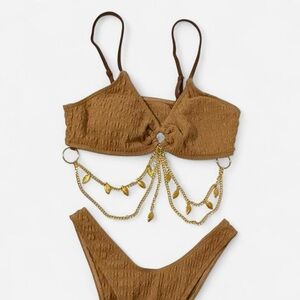 Textured Brown Bikini Set with Gold Chain Accent